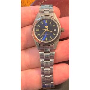 Women's 28mm Silver Tone "5" Watch, Dark Blue Face